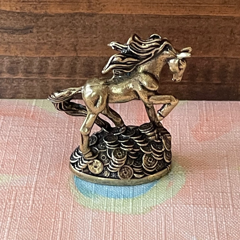 Vintage Brass Tone Horse Rearing on Lucky Coins Figurine Feng Shui Prosperity